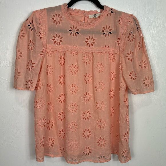 Entro Cotton Eyelet Embroidered Short Sleeve Top Blouse In Peach Size M - Picture 2 of 10